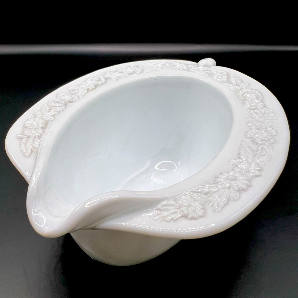 Vintage Anchor Hocking Creamer Vitrock Milk Glass with Floral Rim 1930s